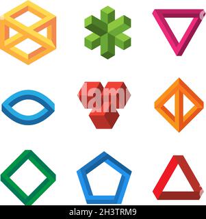 Infinity illusions geometry. Impossible 3d shapes triangles loop hexagons escher vector collection Stock Vector