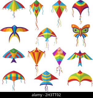 Air kite. Colored different shapes kite in sky festival toys for kids vector collection Stock Vector