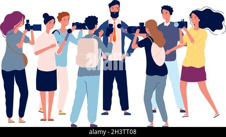 Political interview. Businessman talk with crowd journalists, photographers and popular person. Public relations manager or politician vector Stock Vector