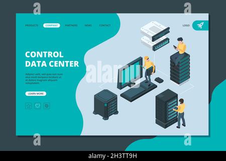 Data server landing. Software and hardware items for global storages ethernet computer services vector isometric server Stock Vector