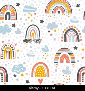 Scandinavian rainbow pattern. Graphic shapes of rainbow and rain drawn vector seamless background Stock Vector