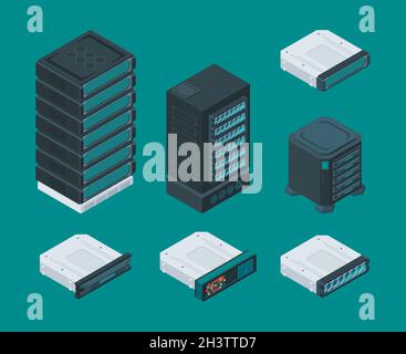 Computer data storage shelves. Server equipment it technology network hardware tools router vector isometric set Stock Vector