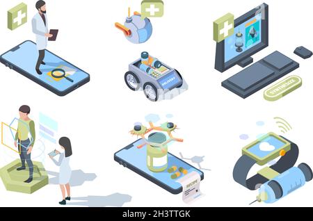 Digital medicine. Smart electronic system for health care people doctor therapy diagnosis monitor pharmacy vector isometric concept Stock Vector