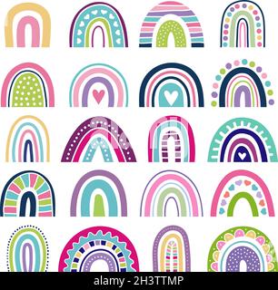 Rainbow shapes. Kids logos in scandinavian style abstract rainbow colored graphic minimalist vector illustrations Stock Vector