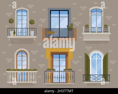 Balcony. Modern facade exterior architectural objects building arch balcony with flower pots front view apartaments vector set Stock Vector