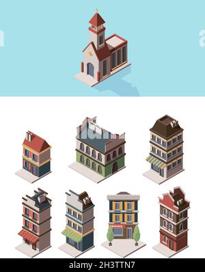 Historic buildings. Old vintage 3d houses and retro construction objects vector isometric collection Stock Vector