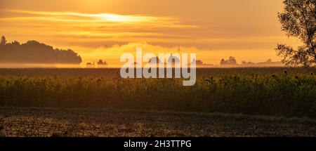 Beautiful sunset over the agricultural fields Stock Photo