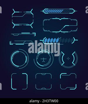 Sci fi ui. Hud web futuristic elements modern space game signs callouts digital dividers frames hologram symbols vector Stock Vector