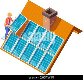 Solar panels installation. Worker making modern eco suny panel on roof renewable electricity systems vector isometric concept Stock Vector