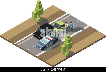 Road accident isometric. Car damaged emergency help traffic accidents injured crash vehicles urban transport vector 3d background Stock Vector