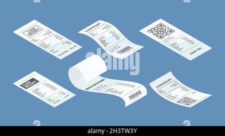 Payment check isometric. Buying financial invoice bill purchasing calculate pay vector set Stock Vector