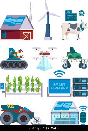 Smart agriculture. Future vehicle for farming robots drones electronic tools for farmers vector flat pictures Stock Vector