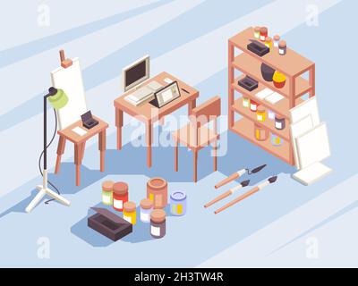 Designers drawing tools. Stationary items for painters photo cameras laptop brushes isometric symbols for education and work vector Stock Vector