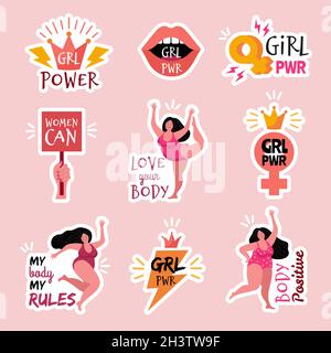 Feminist badges. Body positive power female characters girls trendy vector sticker Stock Vector