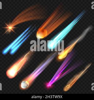 Space stars. Realistic glowing planets meteor vector astronomy collection set Stock Vector