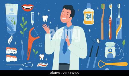 Dental hygiene tools. Dentist accessories medical liquids for mouthwash brushes cleaning teeth vector collection Stock Vector