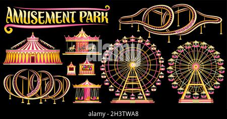Vector set for Amusement Park, lot collection of cut out illustrations variety carousels, extreme different roller coasters, various giant ferris whee Stock Vector