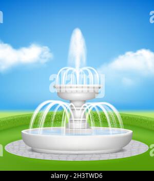 Fountain in garden. Water jet splashes spray on decorative grass outdoor realistic fountains vector background Stock Vector