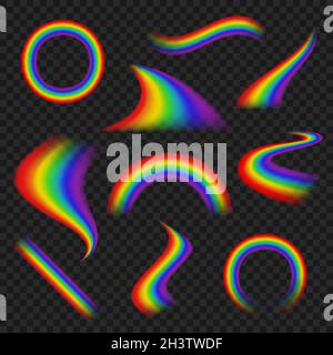 Rainbow realistic. Weather effects various colored shapes of rainbows in sky vector set Stock Vector