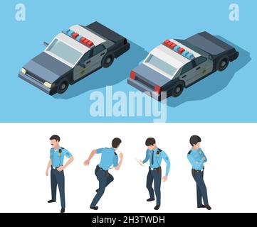 Policeman isometric. Guard officer security standing professional transport various point view vector Stock Vector