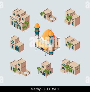 Traditional arabic buildings. Eastern sandy desert cultural authentic houses vector isometric collection Stock Vector