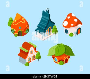 Fairytale house isometric. Fantasy buildings for 3d games cartoon construction vector Stock Vector