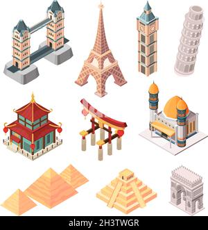 Historical famous landmarks. Isometric symbols for travellers buildings statue bridges pyramid worldwide landmarks collection Stock Vector