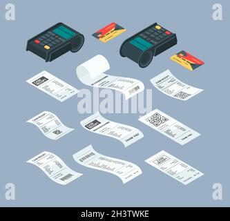 Payment terminal isometric. Purchase billing financial paper check and buying machine for nfc card payment bank comunication vector illustrations Stock Vector