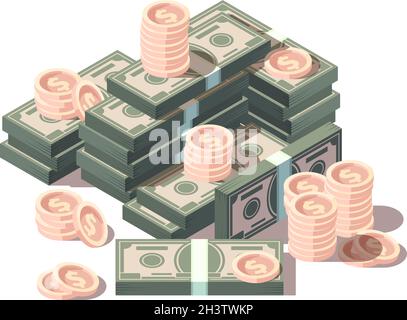 Money hills. Dollars and coins finances isometric symbols vector business concept Stock Vector