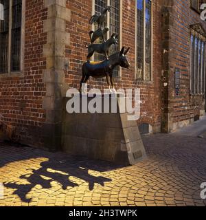 Bremen Town Musicians by Gerhard Marcks, bronze statue, at twilight, Bremen, Germany, Europe Stock Photo