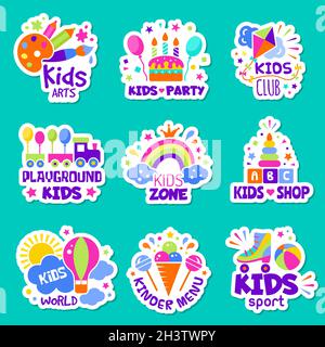 Kids logo. Toys shop identity creative children club badges kids playing zone symbols vector collection Stock Vector