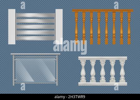 Balcony handrails. Building stairway constructions for terrace wooden glass or metal railing vector realistic templates Stock Vector