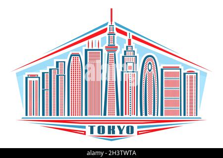 Vector illustration of Tokyo, horizontal poster with linear design famous tokyo city scape on day sky background, asian urban line art concept with de Stock Vector