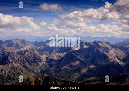 Panoramic view from Pic du Midi de Bigorre in the French Pyrenees. Aneto and Monte Perdido can be seen from the observatory reached by cable car. Stock Photo