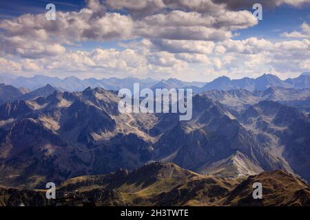 Panoramic view from Pic du Midi de Bigorre in the French Pyrenees. Aneto and Monte Perdido can be seen from the observatory reached by cable car. Stock Photo