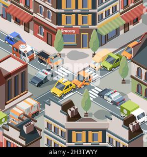 Crossroad accident. Injury trouble urban cars police crash transport on road bus traffic vector isometric Stock Vector