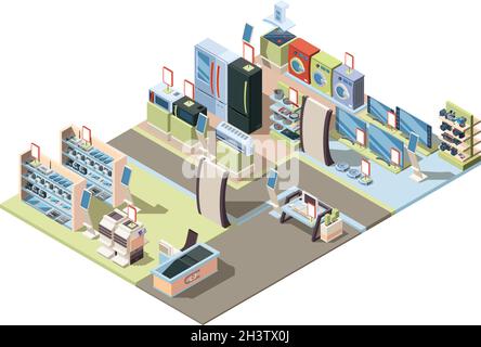 Retail electronics market. Isometric shop interior with appliances hardware tablets pc electrical technic vector Stock Vector