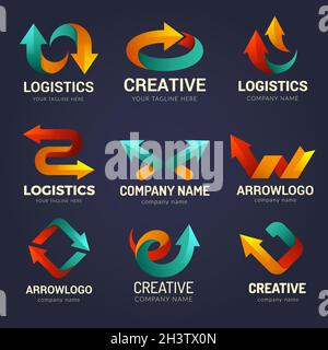 Arrows logo. Business identity symbols with stylized direction arrows shapes speed motion visualization vector set Stock Vector