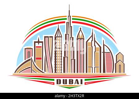 Vector illustration of Dubai, horizontal poster with linear design famous dubai city scape on day sky background, asian urban line art concept with de Stock Vector