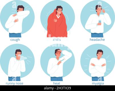 Sick characters. Flu persons hospital bed headache illness medical problems vector characters Stock Vector