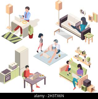 Work at home isometric. People working at laptop sitting on comfortable places freelancers remote garish vector set Stock Vector