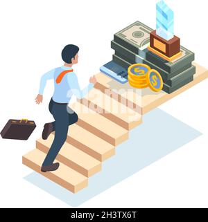 Businessman on stairs. Man ladder running walking steps on stairs to success and victory vector isometric concept Stock Vector