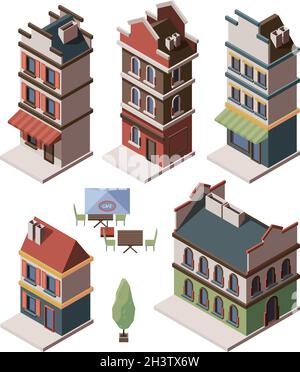 Old house isometric. Medieval buildings royal gates retro apartment antique constructions vector set Stock Vector