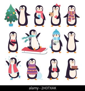 Penguins. Funny winter characters active pose little cute penguins in scarf and clothes vector doodles collection Stock Vector