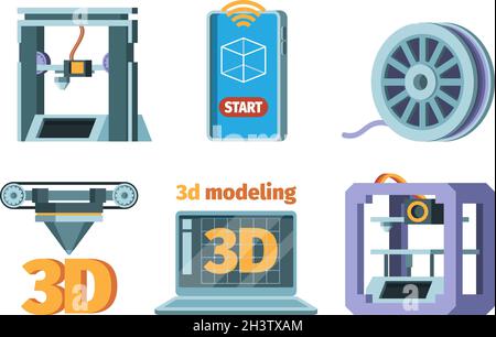3d printing icon. Dimensional printer prototypes future technology smart print technics vector flat pictures Stock Vector