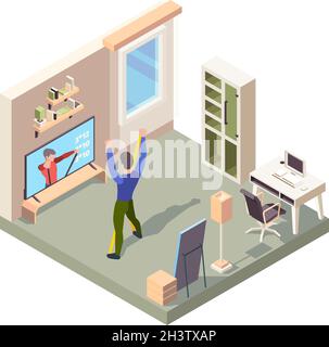 Online fitness. People standing alone at home room in active pose making sport exercise workout training vector isometric Stock Vector