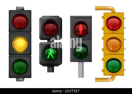 Traffic lights realistic. Urban light objects on road vector signs for transport Stock Vector