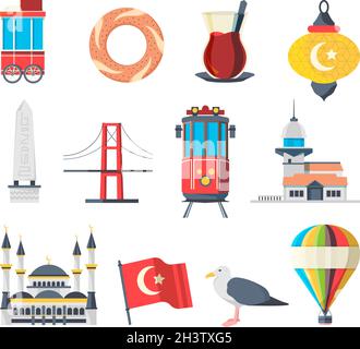 Turkey landmarks. Travellers set of istanbul cultural objects and muslim buildings national mosque vector pictures collection Stock Vector