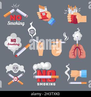 Smoke icon. Lungs and cigarette inhalation smoke problem and dangerous vector flat concept pictures Stock Vector