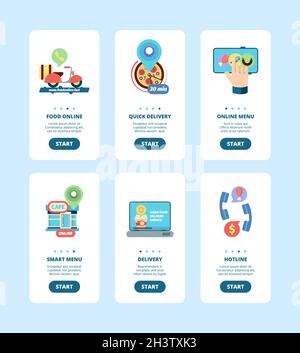 Order food onboard banner. Smartphone landing pages templates business delivery food from restaurant cuisine vector app design Stock Vector